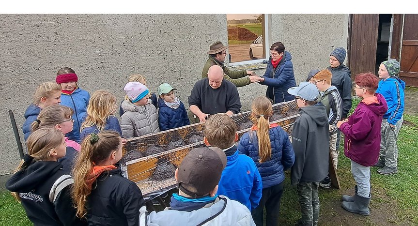 zeigt um ein Brett mit Schwalbennestern herumstehende Kindergruppe