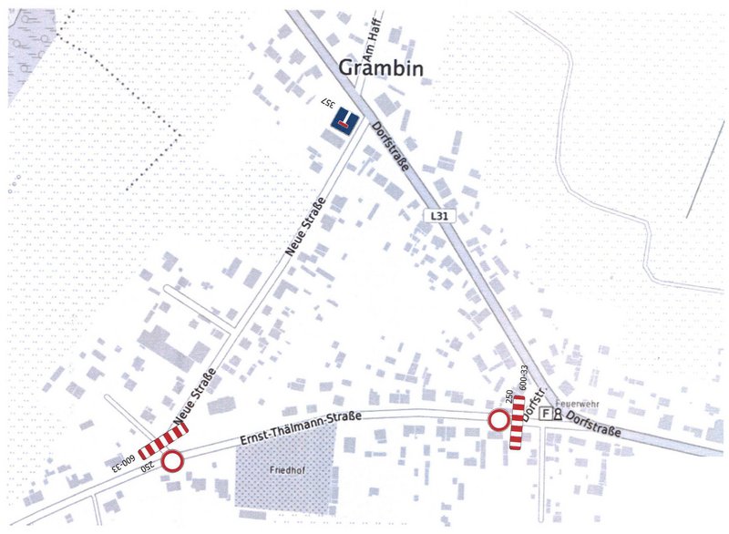 zeigt Lageplan Gemeinde Grambin mit Markierung der gesperrten Ernst-Thälmann-Straße